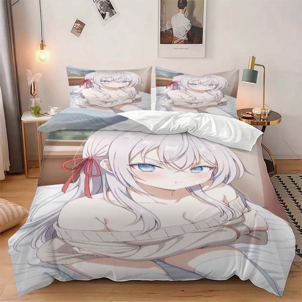 3pcs Silvery-Haired Female Indoor Illustration Pattern Set Soft and Comfortable Bedding Set Suitable for All Seasons