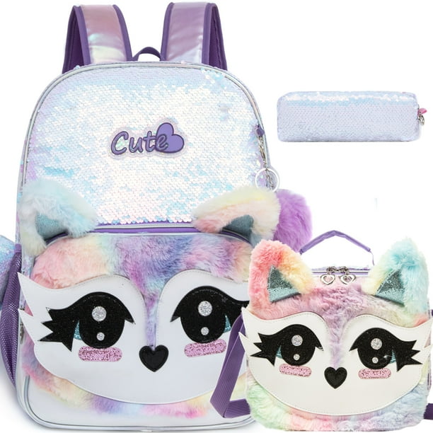 Cute Cat Sequin Backpacks for Girls School Bag with Lunch Box Pencil Case for Elementary Preschool Students Kids Travel Backpack