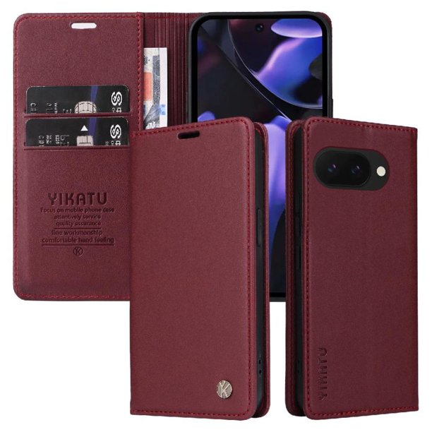 Funda Billetera de Cuero para Google Pixel 9A con Tarjetero y Soporte - Tapa Magnética Rojo
