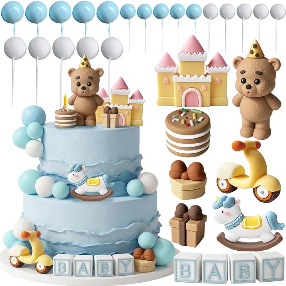 Adorno para pastel comfudu Oso – Set de 31 piezas para Baby Shower azul
