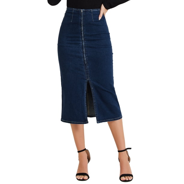 INSPIRE CHIC Falda Maxi de Mezclilla para Mujer con Abertura Frontal Cremallera de Cintura Alta Falda de Jean Ajustada XS Azul Oscuro