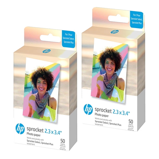 Papel fotográfico HP Sprocket, 2,3 x 3,4 pulgadas, con parte trasera adhesiva de zinc, 100 hojas