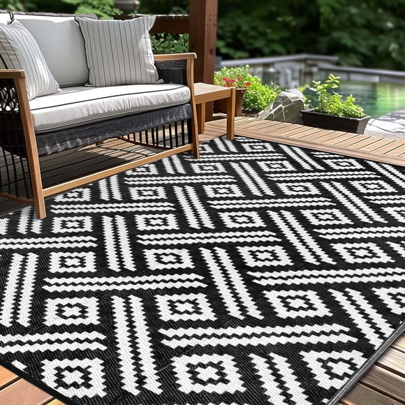 Alfombra Kalafun 183 × 274 cm Negra y Blanca para Patio Exterior