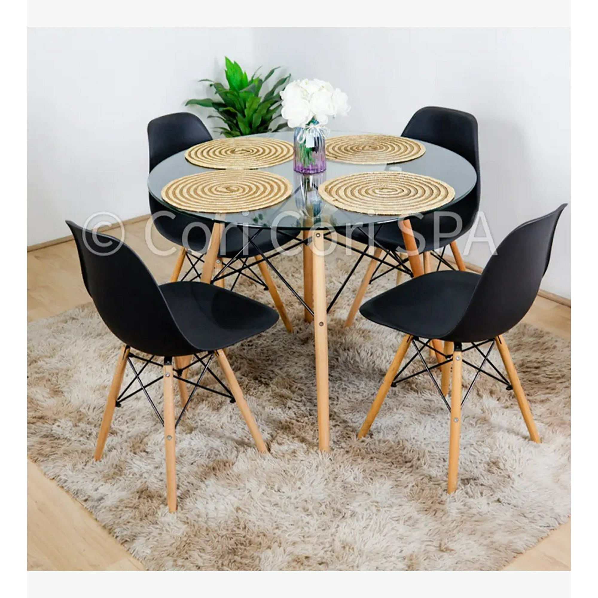 Genérico - Comedor Mesa Vidrio 80cms + 4 Sillas Eames Replica Color Negro