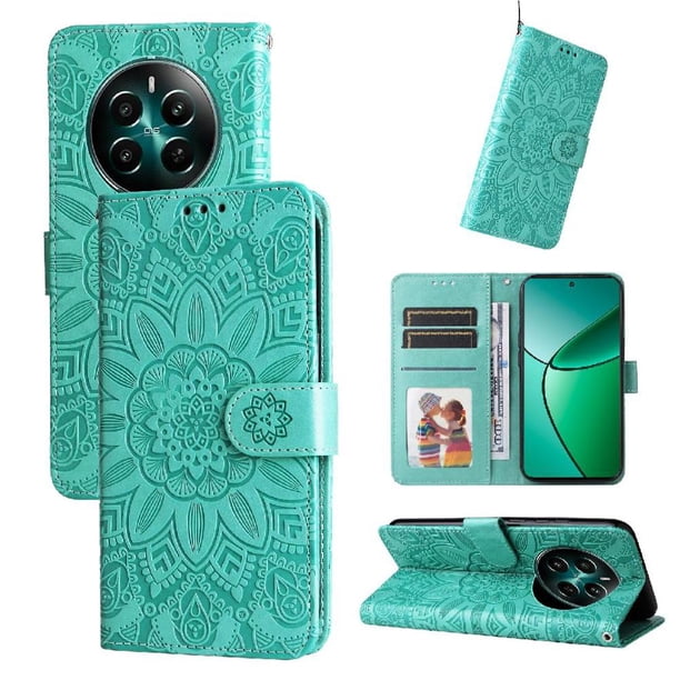 Funda tipo cartera FOXDOCK para Realme 12 4G , diseño girasol en relieve, cuero PU, cierre magnético, soporte y tarjetero