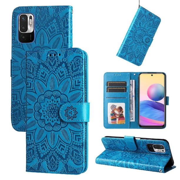 Funda tipo cartera FOXDOCK para Xiaomi Redmi Note 10 5G , diseño girasol en relieve, cuero PU, cierre magnético, soporte y tarjetero