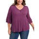 thumbnail image 1 of GRACE & GRANDEUR Blusas Casuales de Mujer Tallas Grandes con Doble Capa, Mangas con Volantes 3/4, Cuello en V y Frente Plisado 1X Púrpura, 1 of 5