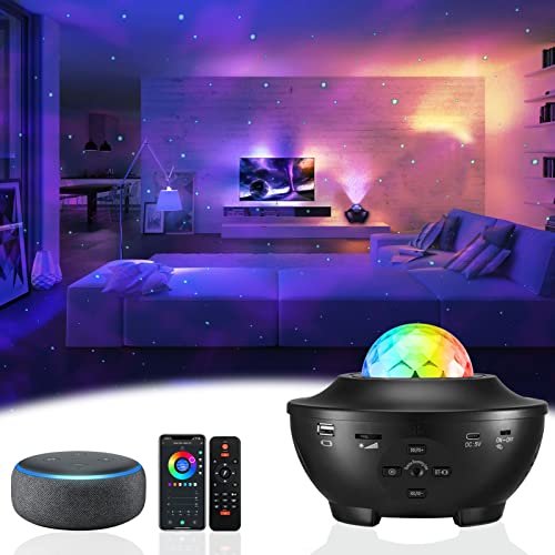 Proyector Galaxia, Luz Nocturna Musical con Altavoz Bluetooth, Alexa & Google Assistant, Efectos de Olas y Estrellas, Luz Proyectora Galaxia para Dormitorio, Techo, Niños Adultos