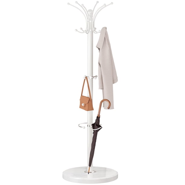 Perchero de pie Vilaxing con base de mármol, 16 ganchos y soporte para paraguas, metal blanco