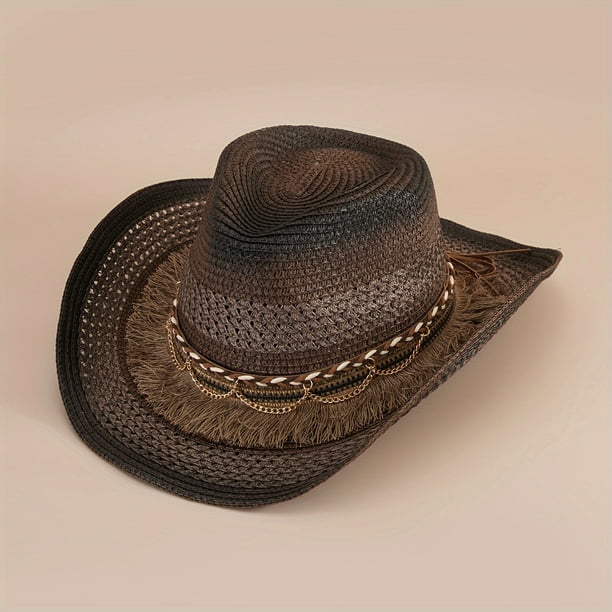 Boho Western Cowboy Straw Hat - Hand Woven Faux Jade Chain Decor Hat for Women, Men, and Unisex - Perfect for Summer Beach and Casual Wear