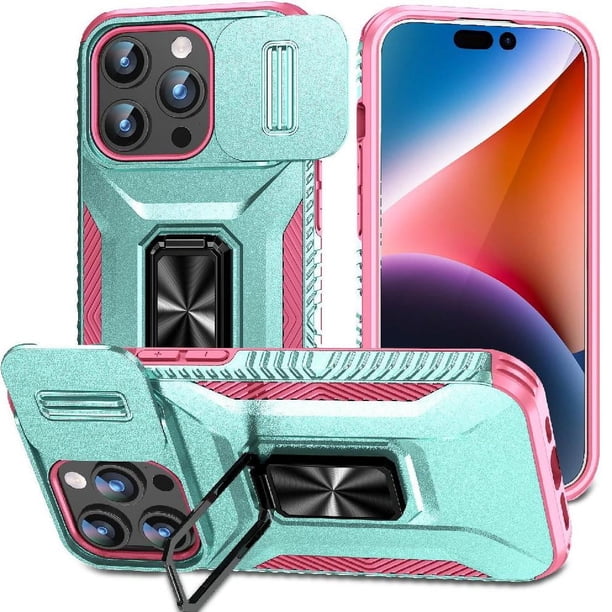 Funda Armada para iPhone 15 Pro con Tapa Deslizante y Soporte Magnético Giratorio Verde