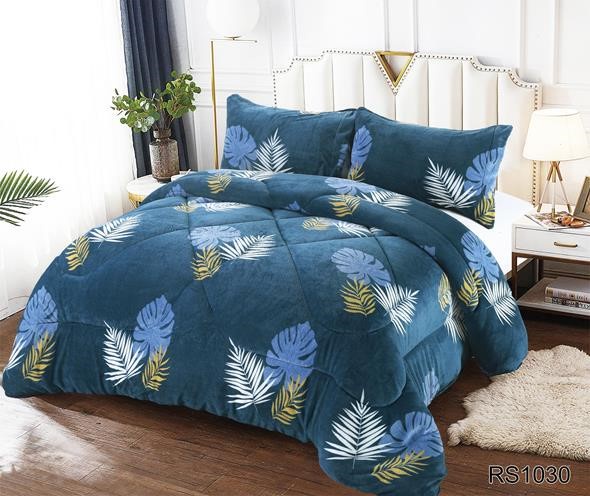 Aladdins Shop - Cobertor De Invierno De Plush Y Chiporro 2 Plazas Azul Hojas