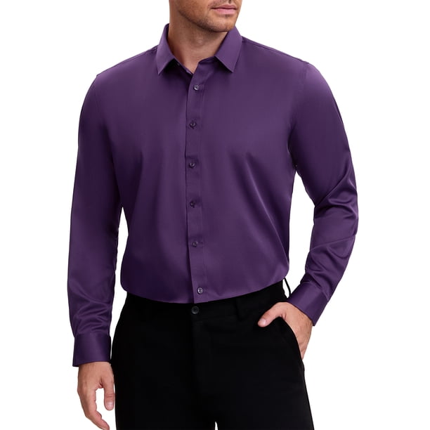 INSPIRE CHIC Camisas formales de manga larga con cuello en punta para hombre, color sólido, color púrpura oscuro, talla M