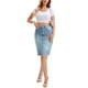 thumbnail image 2 of INSPIRE CHIC Faldas de Jean para Mujer Vuelta al Colegio Dobladillo Crudo Cintura Alta Bolsillos Estiramiento Falda de Mezclilla de Longitud Media Azul Claro S, 2 of 5