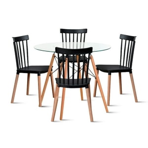 Klik Muebles - Comedor Mesa Redonda Vidrio 80Cm + 4 Sillas Windsor Negras
