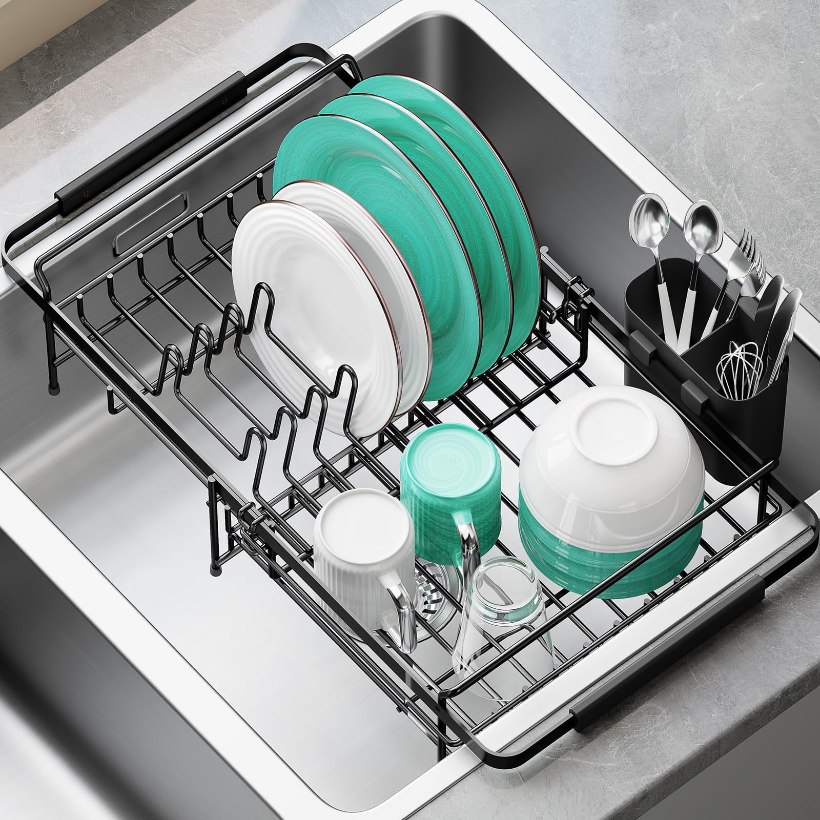 Estante Para Secar Platos Urackify, Extensible Sobre El Fregadero, Negro