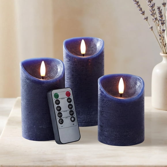 Velas sin llama Elyrae azul marino de cera real con LED y control remoto, 3 piezas