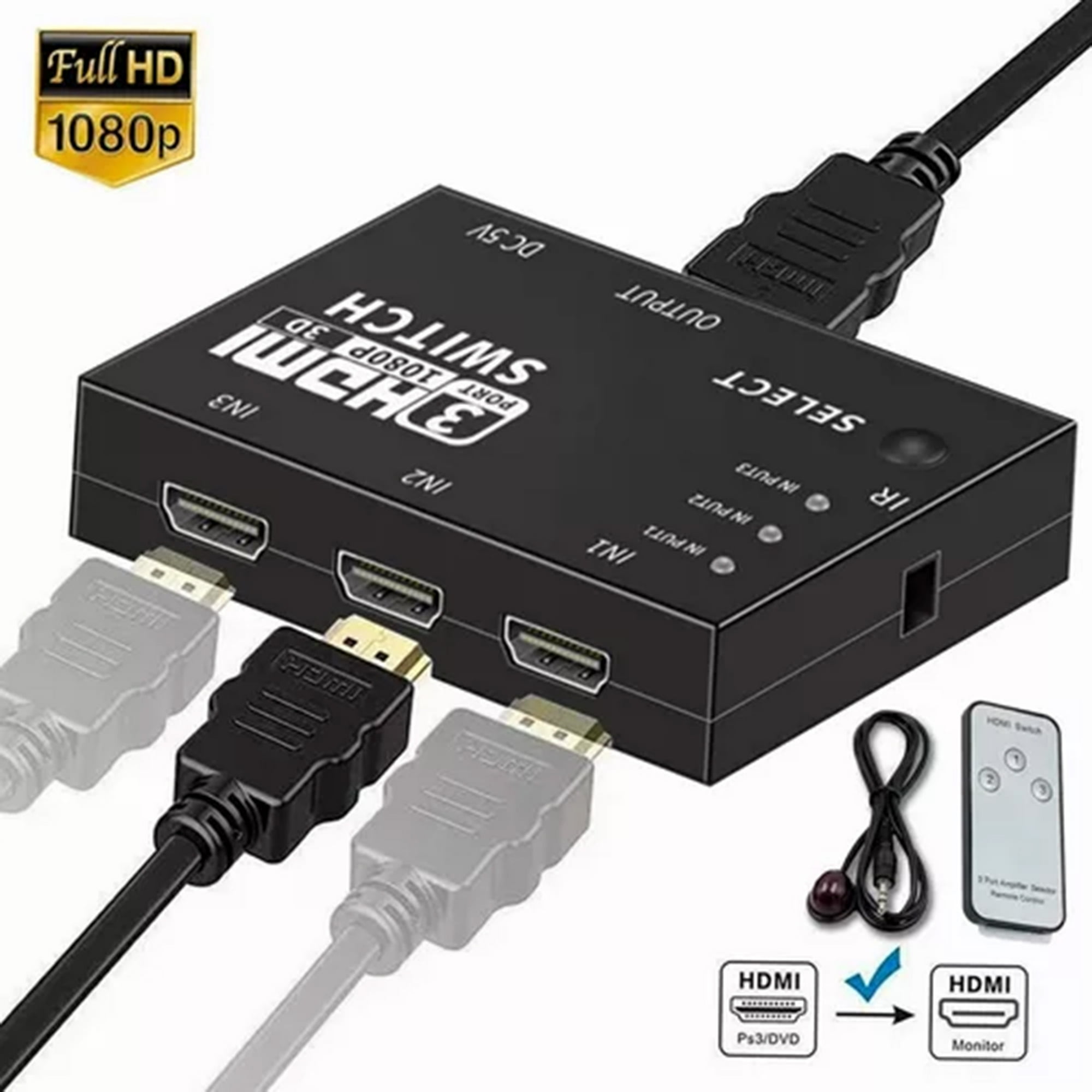 Conmutador Hdmi 3X1 Splitter Switters Automático Con Mando A Distancia Y Receptor Infrarrojo - Resolución Hd 1080P