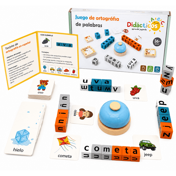 Juego Didáctico para Aprender a Leer y Formar Palabras con 24 Cubos de Letras y Tarjetas