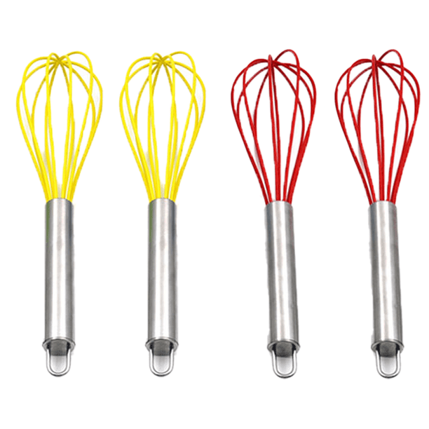 Paquete de 4 mini batidores de silicona de colores para cocina con mangos de acero inoxidable para mezclar leche, huevos y revolver.