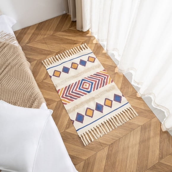 Bajada De Cama Kilim Boho 60cm x 90cm Tejidas En Algodón Con Flecos Bordada