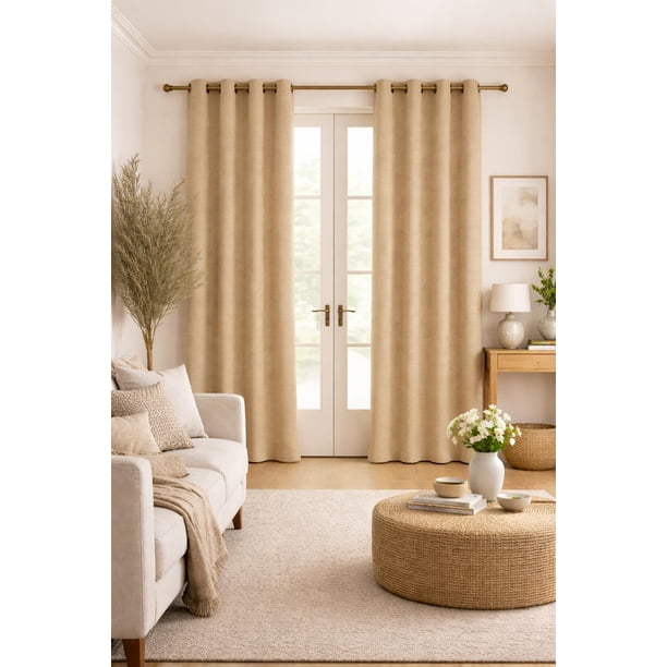 Cortina de Tela Tipo Lino 100% Blackout Engomada 2 Paños beige