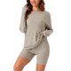 thumbnail image 1 of INSPIRE CHIC Conjuntos de salón de 2 piezas para mujer Conjuntos a juego de punto acanalado Top de manga larga con pantalones cortos de ciclista Chándales 2XL Camel, 1 of 6