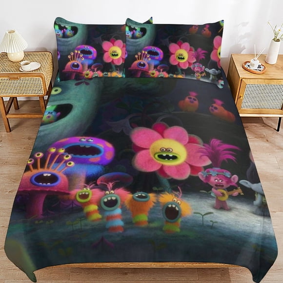 Trolls World Tour 3 Piece Comforter Bedding 1 Set Super Soft Quilt Cover with 2 Pillowcases Funny Merch Movie Fans Gifts for Girls Boys Kids Adults