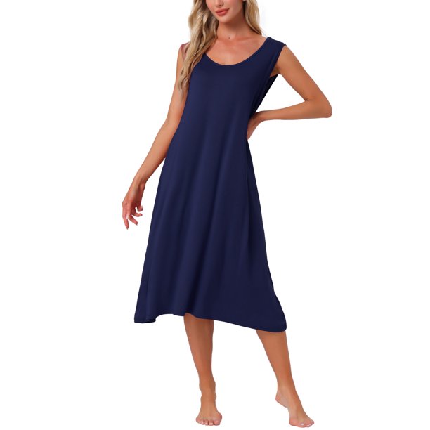 INSPIRE CHIC Vestido largo de dormir de algodón para mujer con bolsillos, suave, sin mangas, cuello redondo, ropa de descanso XL azul marino