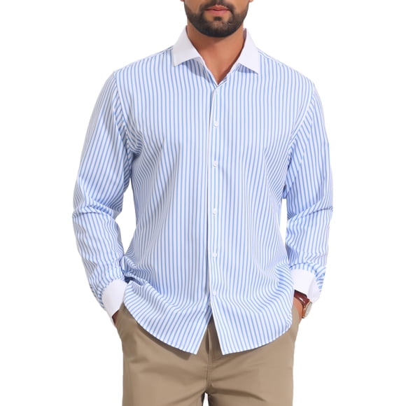 Camisas de Negocios de Manga Larga con Botones y Rayas para Hombre INSPIRE CHIC M Azul