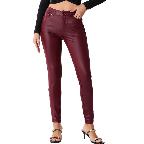 CURVY GLAM Pantalones de Cuero Sintético para Mujer de Cintura Alta Ajustados y Elásticos Estilo Motociclista Talla XL Burdeos