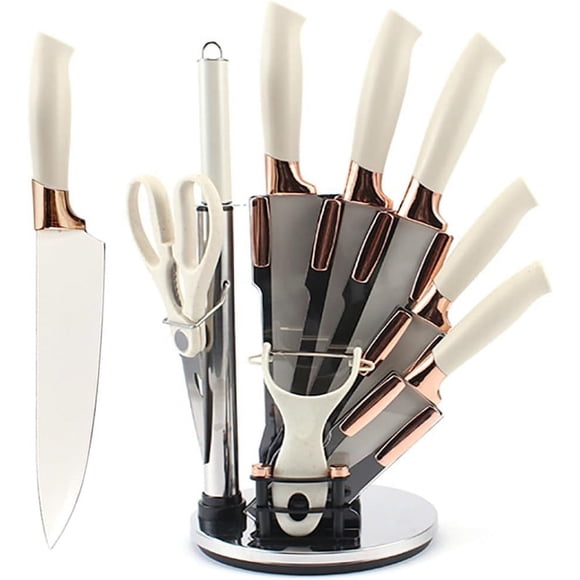 Set Cuchillos De Cocina 9 Piezas Con Base Giratoria Beige