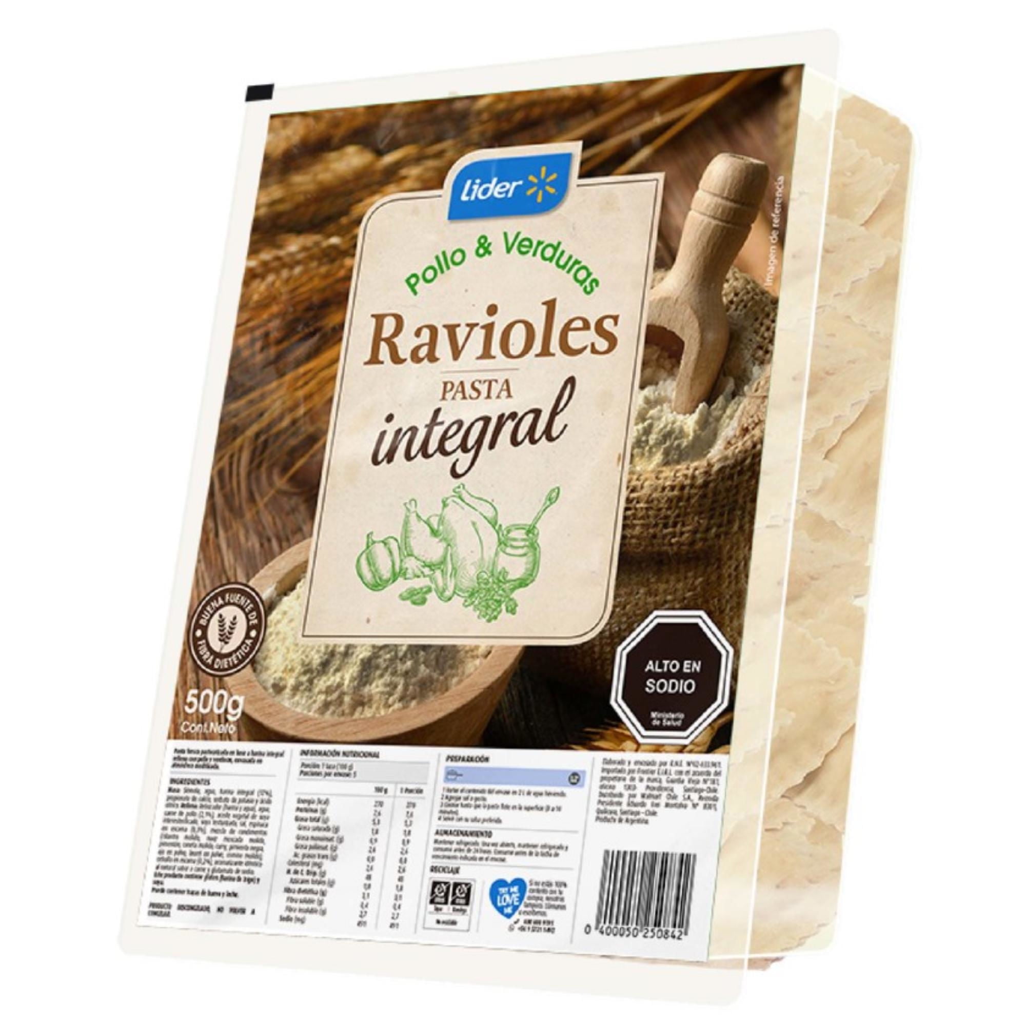 Pasta Fresca Ravioles Integrales Pollo Verduras 500 g Lider