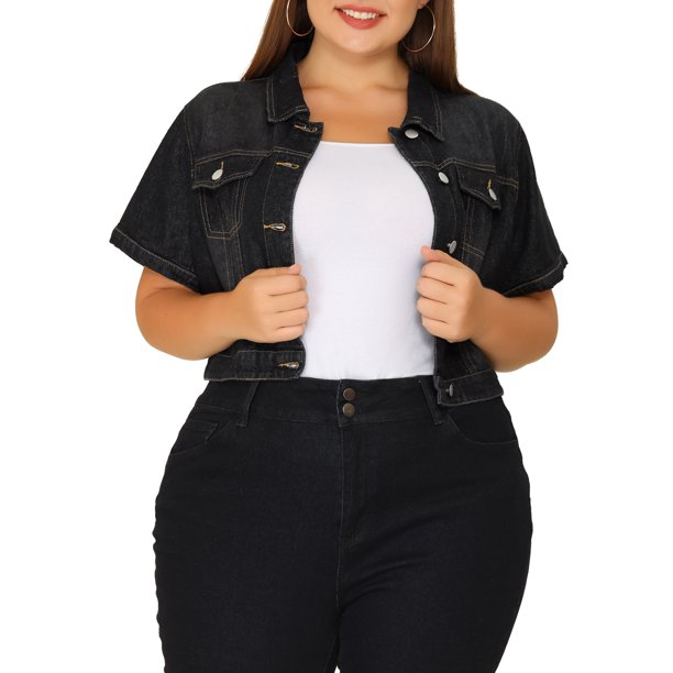 Chaqueta de mezclilla corta con botones y mangas cortas para mujer de talla grande Agnes Orinda para escuela o universidad 1X Negro