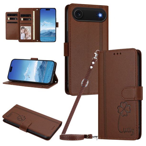 Funda Cartera Trébol para iPhone Air con Ranuras Tarjetas y Carga Inalámbrica Marrón