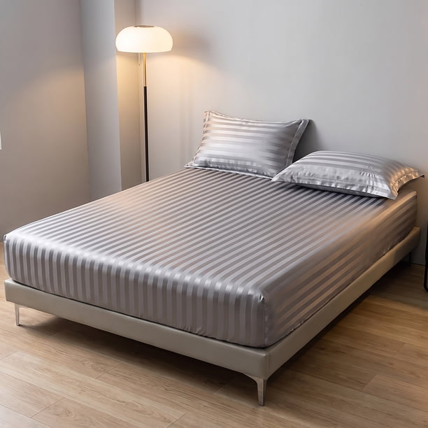 REGALWOVEN Sábana Ajustable, Sábanas de Cama de Poliéster con Rayas de Satén, Resistente al Desgaste Gris 1 PC 198.1x203.0 cm
