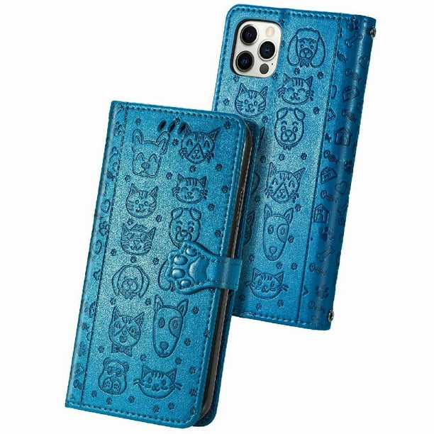 Funda Cartera FOXDOCK para iPhone 12 ProMax , Flip PU con Relieve de Gatos y Perros, Tarjetero y Soporte
