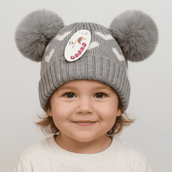 GORRO DE LANA INFANTIL DISEÑO CORAZONES CON CHIPORRO Y POMPONES BEBE UNISEX