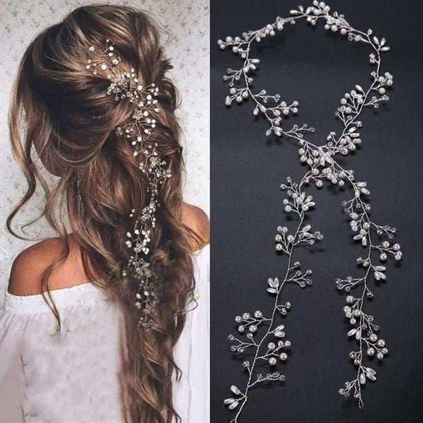 Diadema nupcial extra larga con cuentas de cristal y perlas en oro rosa y plata, accesorio para el cabello de novia, diadema, joyería para el cabello, accesorios para el cabello (dorado)