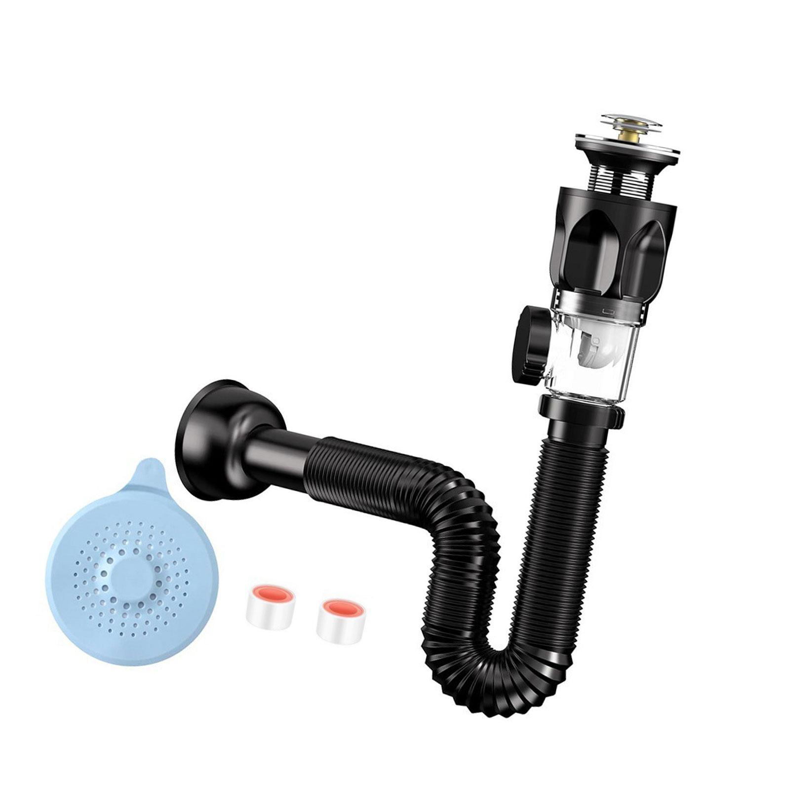 Magideal - Kit De Desagüe Para Lavabo De Baño, Acero Inoxidable, Instalación Sin Herramientas, Antiolor, Atrapapelos, Tapón Incorporado, Plomería Flexible, Apto Con Accesorios