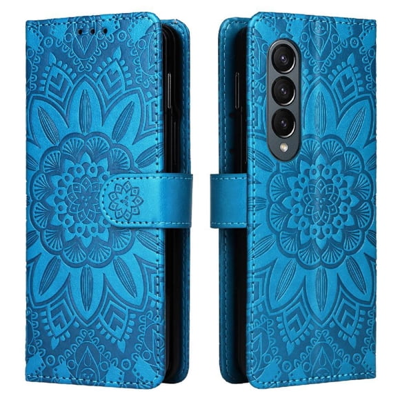 Funda tipo cartera FOXDOCK para Samsung Galaxy Z Fold 4 , diseño girasol en relieve, cuero PU, cierre magnético, soporte y tarjetero