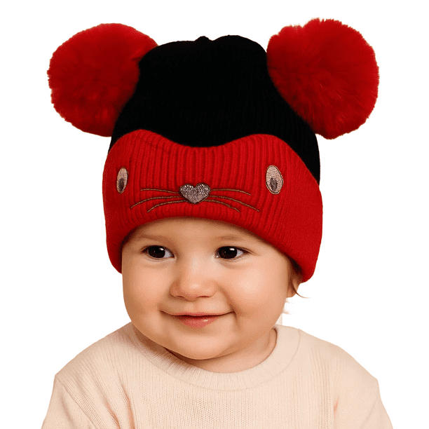 Gorro Invierno Infantil De Lana Diseño Raton Con Pompon
