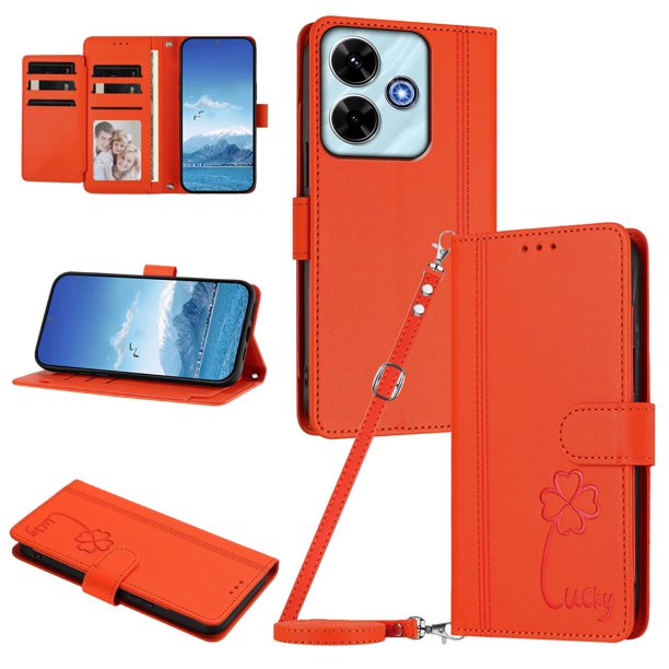 Funda Cartera Trébol para Xiaomi Poco M6 4G con Ranuras Tarjetas y Carga Inalámbrica Naranja