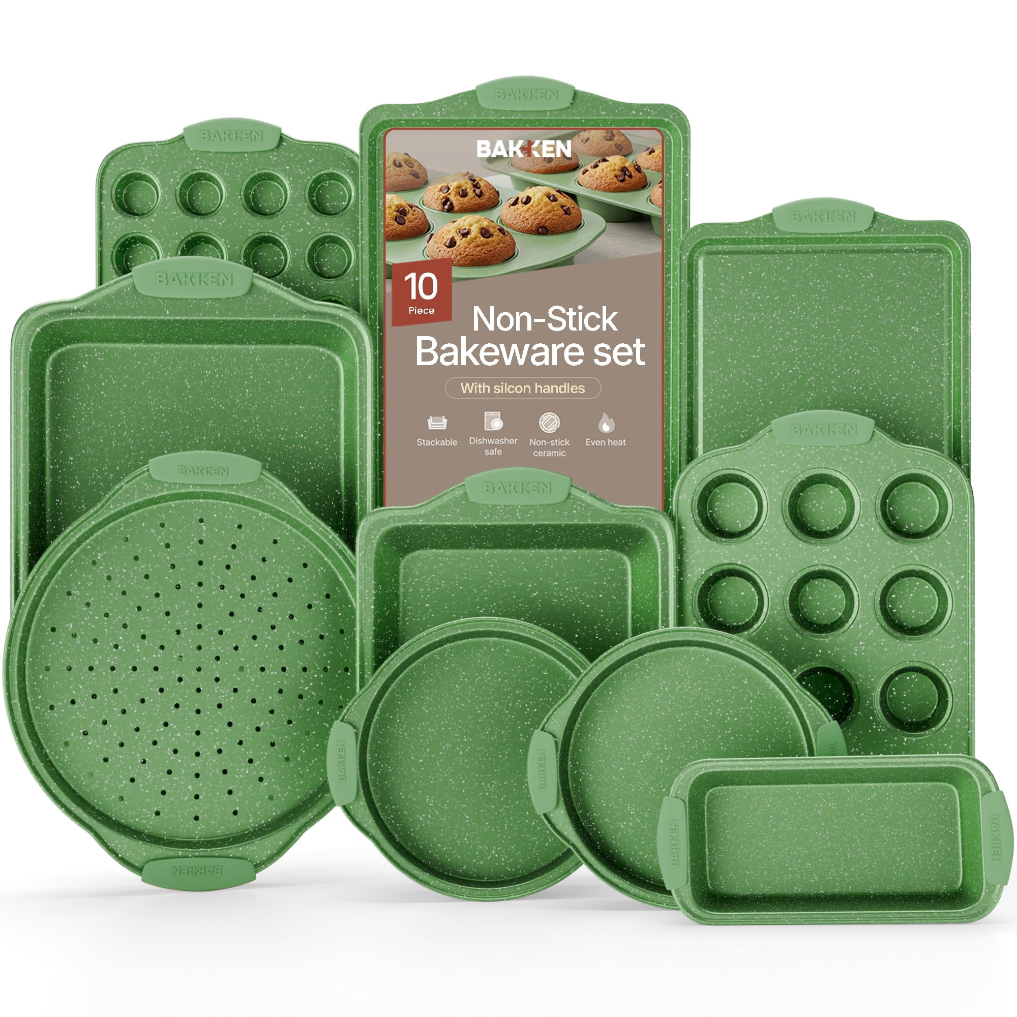Set De Utensilios Para Hornear Bakkenmaster De 10 Piezas, Antiadherente, Verde Mármol