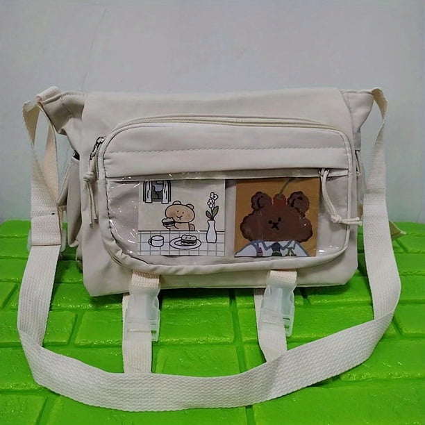 Get Ready for School with Our Kawaii Nylon Crossbody Bag - Spacious, Clear Pocket Front, and Includes Patch or Pins!