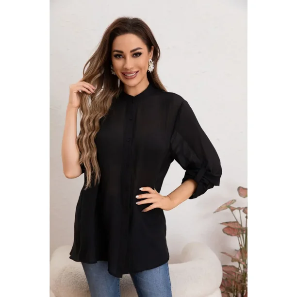 Blusa Mujer Lino Algodón Premium Liviana manga Larga Cuello Mao 8055