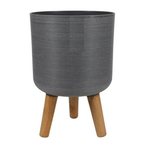 Mobii - Macetero Grande Simil Piedra. Patas Madera 46X36X36 Cm. Gris