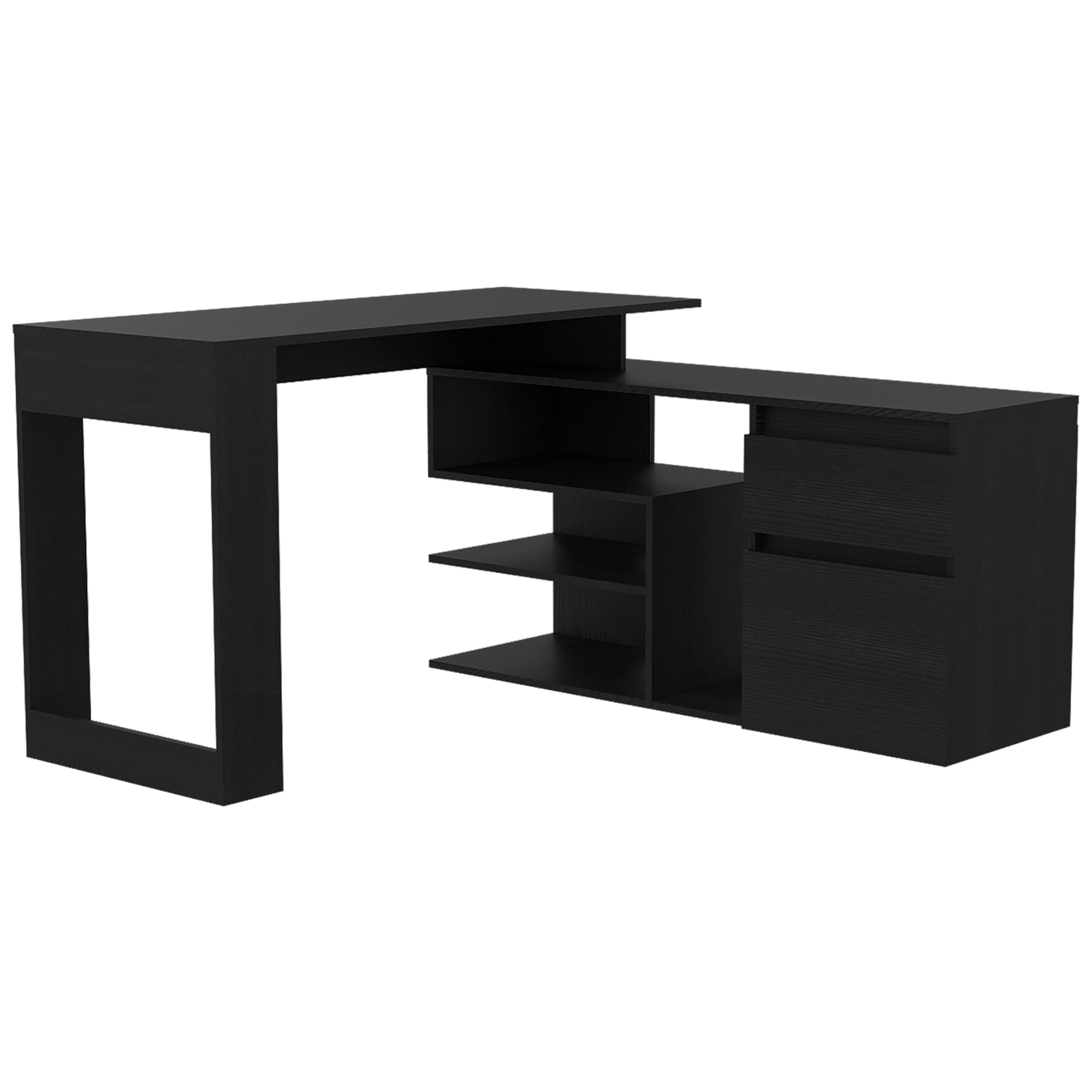 Fmfurniture - Escritorio En L 2 Cajones Y Estantes Fm-031n Negro