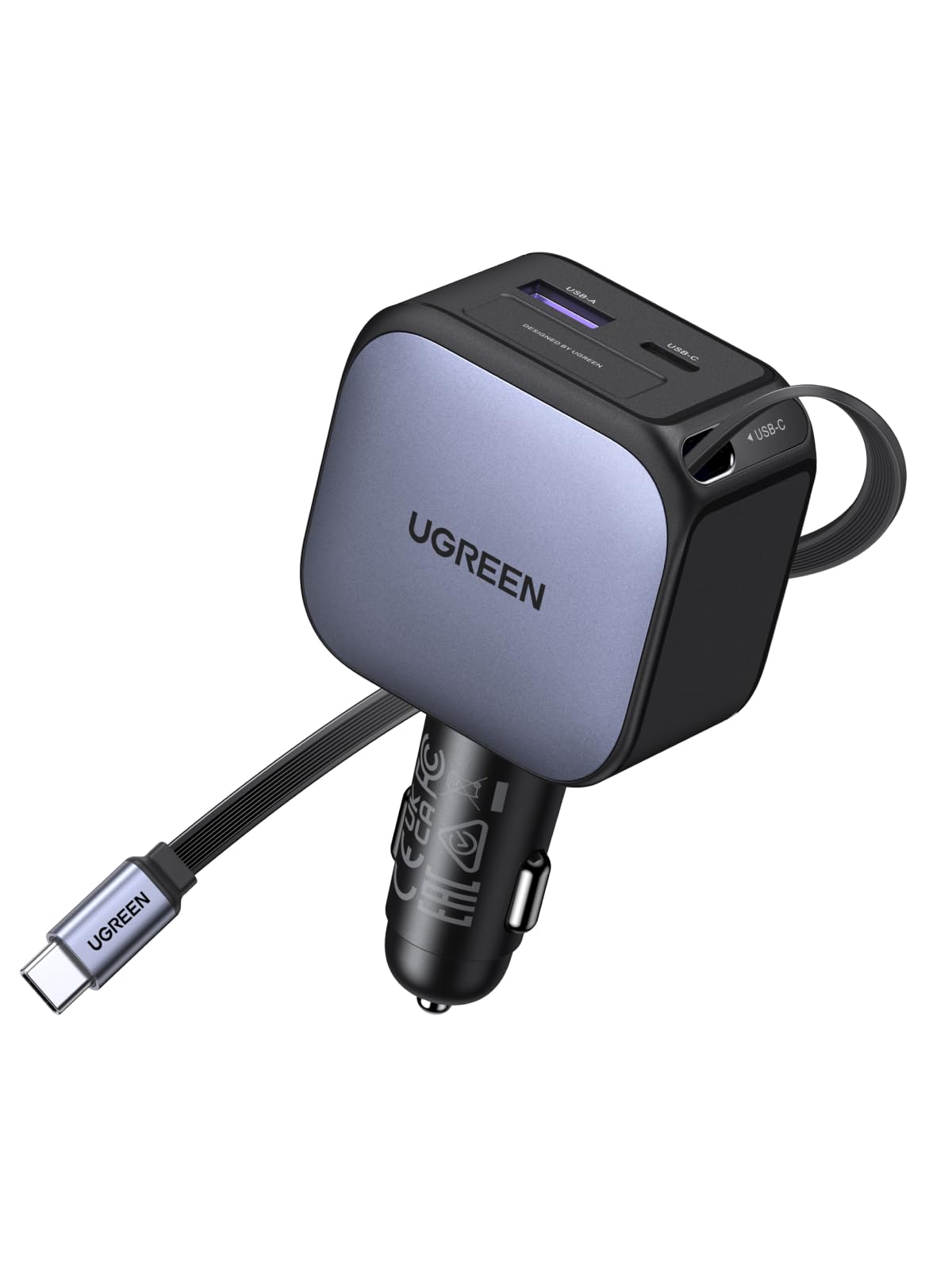 Cargador De Coche Ugreen De 90 W Retráctil De Carga Rápida Usb-C De 3 Puertos