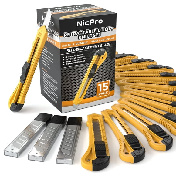 Paquete de 15 cuchillos utilitarios Nicpro con 30 cuchillas adicionales de 18 mm